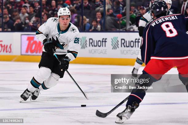 Timo Meier of the San Jose Sharks skates with the puck during the second period of a game against the Columbus Blue Jackets at Nationwide Arena on...