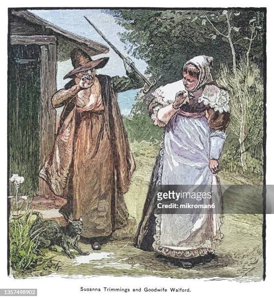 old engraved illustration of goodwife walford accused of witchcraft in puritan new england by suzanne trimming (1692) - wich stock pictures, royalty-free photos & images