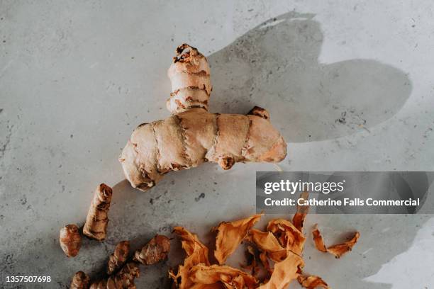 top down image of a whole knob of ginger, sliced and dehydrated turmeric and smaller fingers of ginger - ginger above nobody stock pictures, royalty-free photos & images