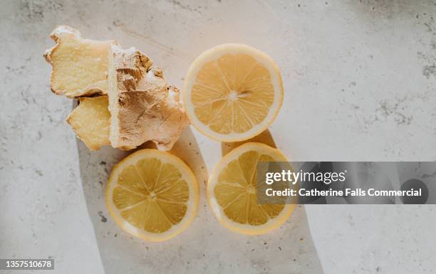 top down image of a knob of ginger beside lemon slices - lemon peel foto e immagini stock