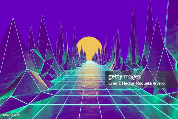 3d abstract geometric landscape with green, yellow  and blue colors and yellow sun - 80s laser background stock-fotos und bilder