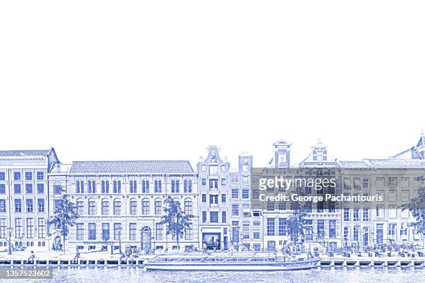 illustration of amsterdam canal houses in delft blue color - delfts blauw stockfoto's en -beelden