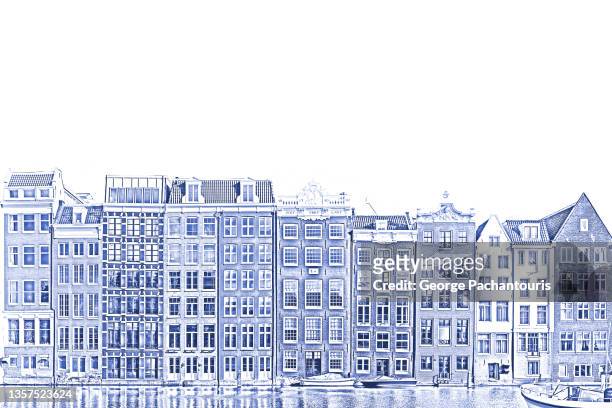 illustration of amsterdam canal houses in delft blue color - delfts blauw stockfoto's en -beelden