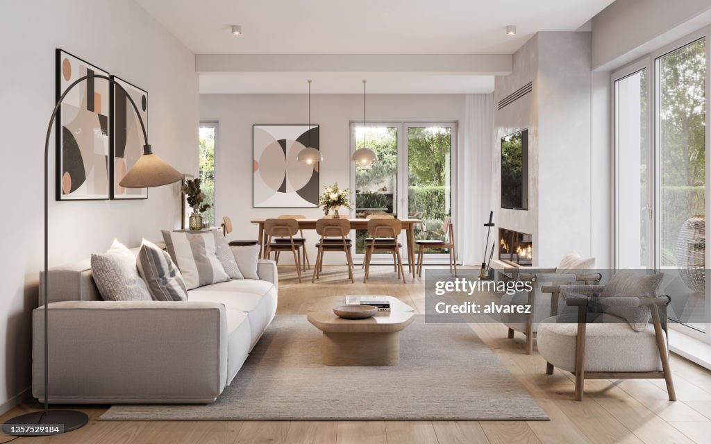 3d render of a contemporary living room interior