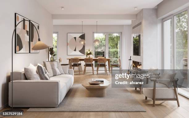3d render of a contemporary living room interior - loft interior imagens e fotografias de stock