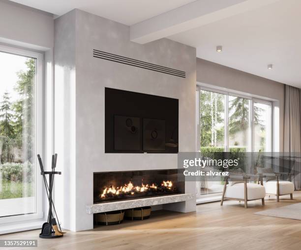 digitally generated image of a living room with fireplace - fire place stock pictures, royalty-free photos & images