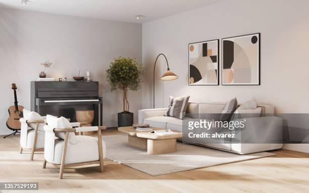 rendering 3d di un accogliente soggiorno - soggiorno moderno foto e immagini stock