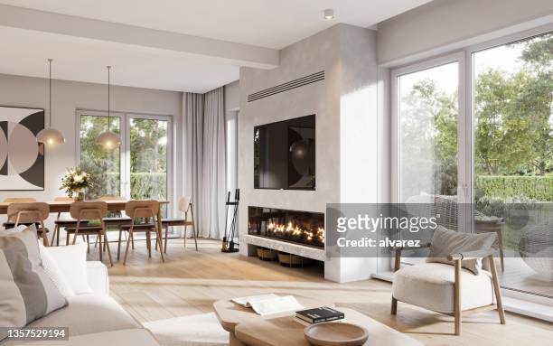 rendering 3d di un soggiorno in stile moderno con camino - comfortable foto e immagini stock