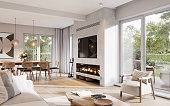 3D rendering of a modern-styled living room with fireplace