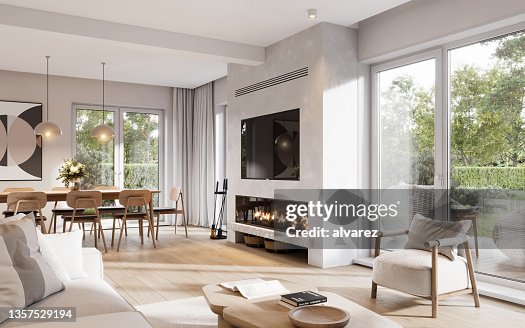 3D rendering of a modern-styled living room with fireplace 3D rendering of a modern-styled living room with fireplace