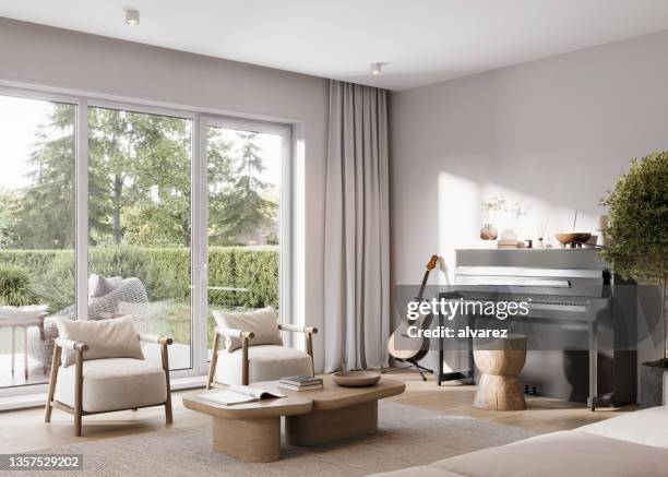 spacious interiors of a modern living room with musical instruments in 3d - glass door stock pictures, royalty-free photos & images