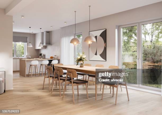 representación 3d de una zona de comedor en cocina moderna - loft fotografías e imágenes de stock