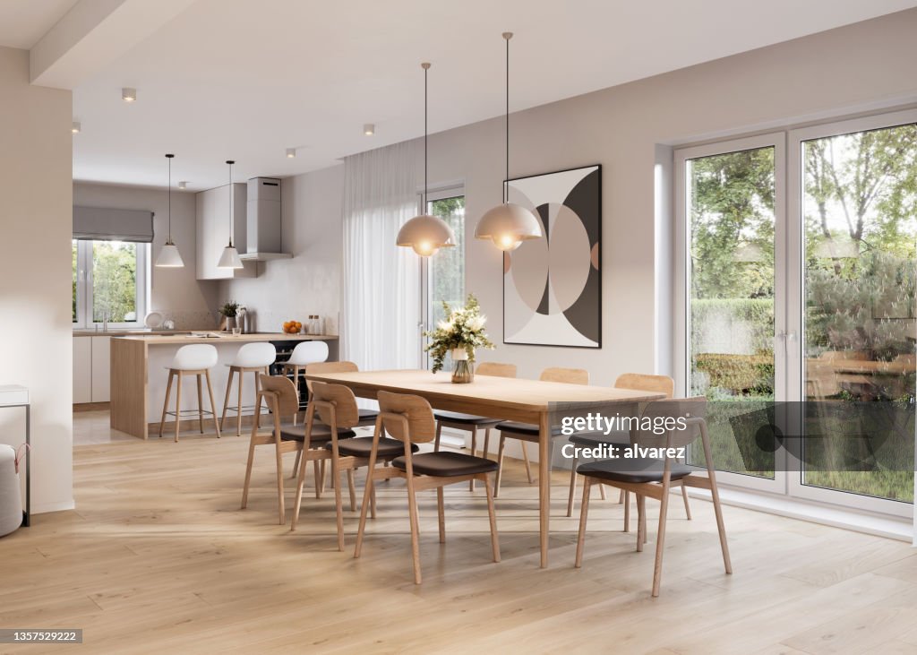 3D rendering of a dining area in modern kitchen