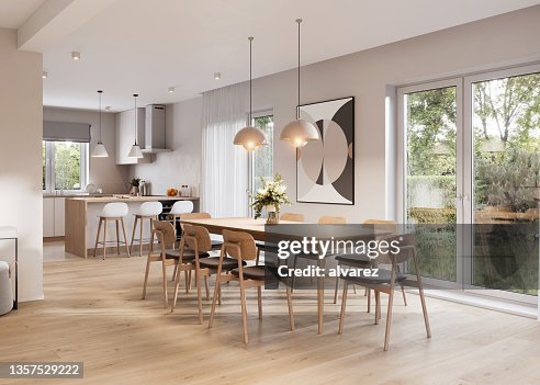 3D rendering of a dining area in modern kitchen 3D rendering of a dining area in modern kitchen