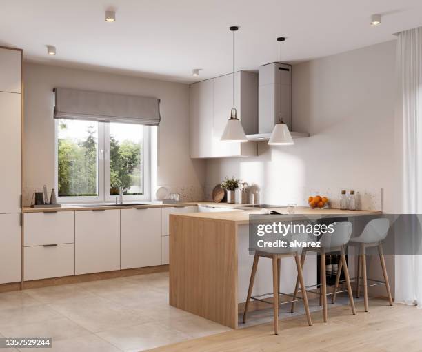 computer generated image of small kitchen interior - kookeiland stockfoto's en -beelden