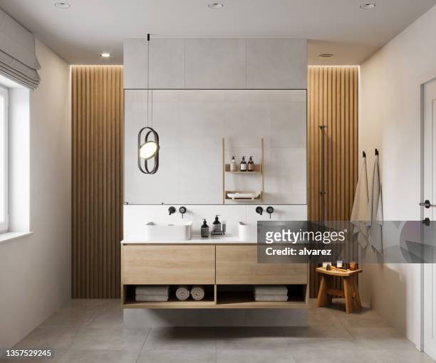 3d rendering of a luxurious bathroom interior - waskom stockfoto's en -beelden