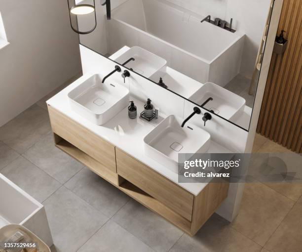 luxurious bathroom interior in 3d - brightly lit bathroom stock pictures, royalty-free photos & images