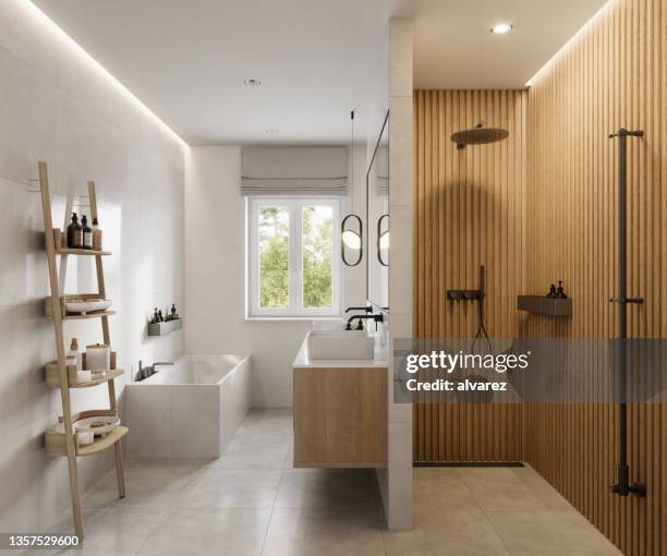 interior of a luxurious bathroom with shower area and bathtub in 3d - banheiro imagens e fotografias de stock