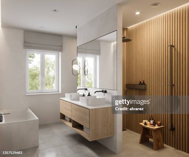 computergeneriertes bild des badezimmerinterieurs - luxury bathroom stock-fotos und bilder
