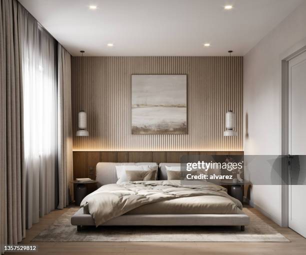 digitally generated image of a bedroom interiors with minimal furniture - wood paneling stockfoto's en -beelden