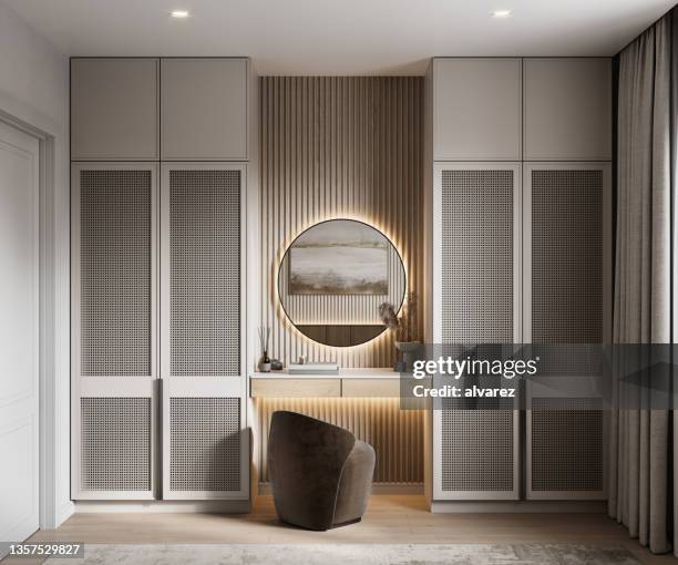 schminktisch mit zwei kleiderschränken im schlafzimmer in 3d-rendering - künstlergarderobe stock-fotos und bilder