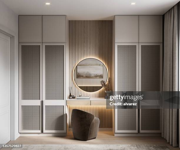 dressing table with two wardrobe closets in the bedroom in 3d render - boudoir stockfoto's en -beelden