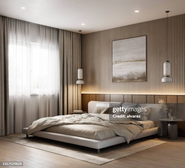 3d rendering of an elegant bedroom interior - bedroom stockfoto's en -beelden