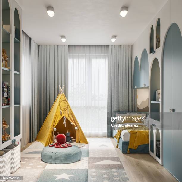 rendering 3d della stanza dei bambini con tenda teepee giocattolo - camera dei bambini foto e immagini stock