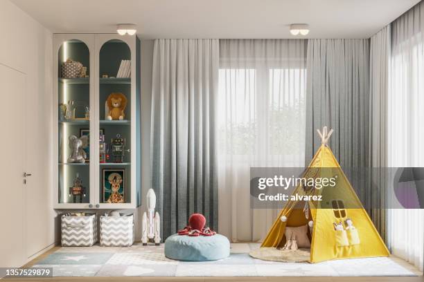 3d render of a kids room with toys and teepee tent - nursery bedroom imagens e fotografias de stock