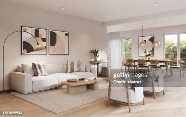 digitally generated image of a fully furnished living room - interieur stockfoto's en -beelden