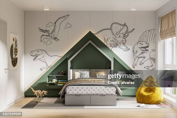 dinosaurios tema kids room interior en render 3d - home showcase interior fotografías e imágenes de stock