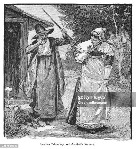 old engraved illustration of goodwife walford accused of witchcraft in puritan new england by suzanne trimming (1692) - heks stockfoto's en -beelden
