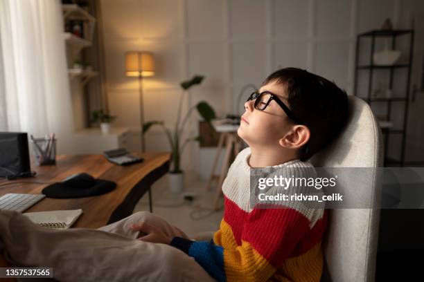 imagen humorística de un niño trabajando en una computadora - imitación de adultos fotografías e imágenes de stock