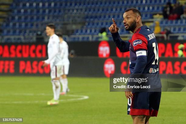 Joao Pedro of Cagliari celebrates his goal 1-1 during the Serie A match between Cagliari Calcio and Torino FC at Sardegna Arena on December 06, 2021...