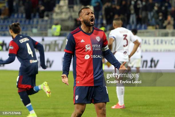 Joao Pedro of Cagliari celebrates his goal 1-1 during the Serie A match between Cagliari Calcio and Torino FC at Sardegna Arena on December 06, 2021...