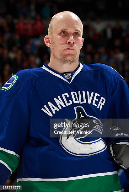 Sami Salo of the Vancouver Canucks looks on from the bench during their NHL game against the Columbus Blue Jackets at Rogers Arena November 29, 2011...