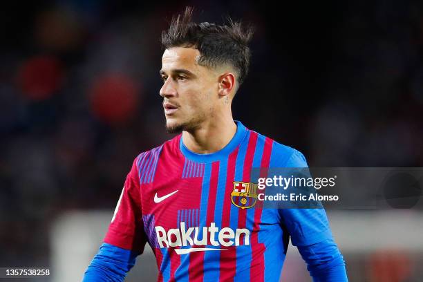 Philippe Coutinho of FC Barcelona looks on during the La Liga Santander match between FC Barcelona and Real Betis at Camp Nou on December 04, 2021 in...