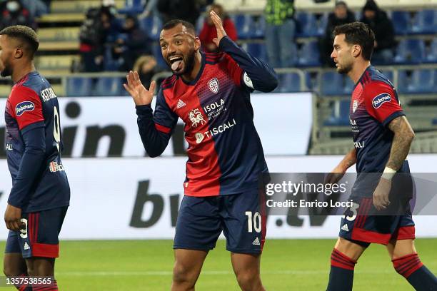 Joao Pedro of Cagliari celebrates his goal 1-1 during the Serie A match between Cagliari Calcio and Torino FC at Sardegna Arena on December 06, 2021...