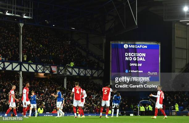 The LED screen shows the VAR decision to disallow a second goal scored by Richarlison of Everton for offside during the Premier League match between...