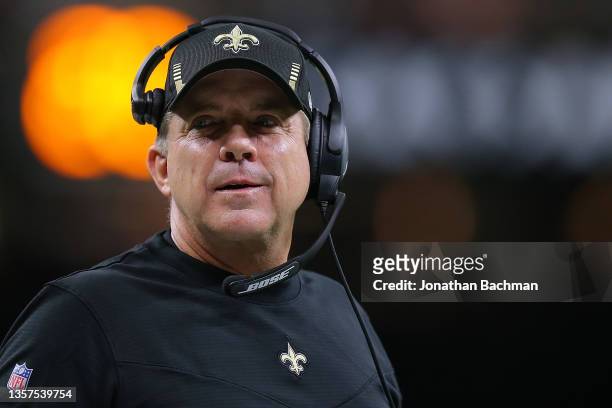 Head coach Sean Payton of the New Orleans Saints reacts against the Dallas Cowboys during a game at the the Caesars Superdome on December 02, 2021 in...