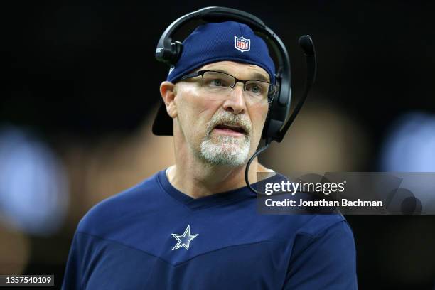 Interim head coach Dan Quinn of the Dallas Cowboys reacts during a game against the New Orleans Saints at the the Caesars Superdome on December 02,...