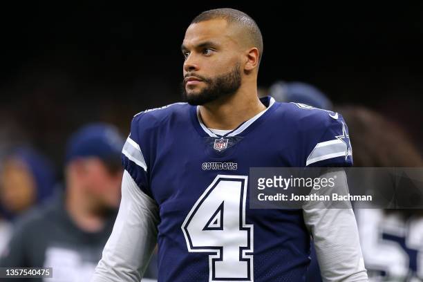 Dak Prescott of the Dallas Cowboys reacts during a game against the New Orleans Saints at the the Caesars Superdome on December 02, 2021 in New...