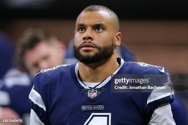 Dak Prescott of the Dallas Cowboys reacts during a game against the New Orleans Saints at the the Caesars Superdome on December 02, 2021 in New...