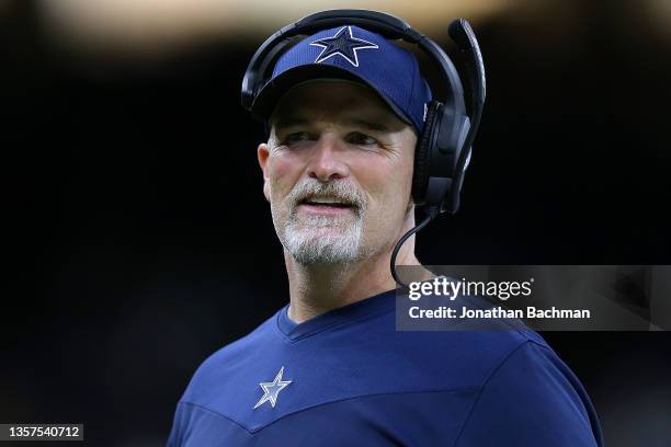 Interim head coach Dan Quinn of the Dallas Cowboys reacts during a game against the New Orleans Saints at the the Caesars Superdome on December 02,...