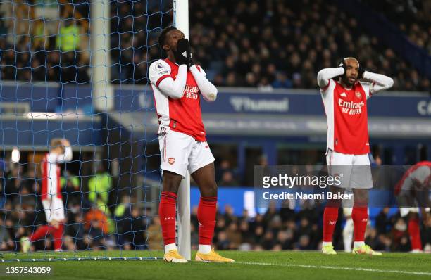 Eddie Nketiah of Arsenal reacts after missing a chance during the Premier League match between Everton and Arsenal at Goodison Park on December 06,...