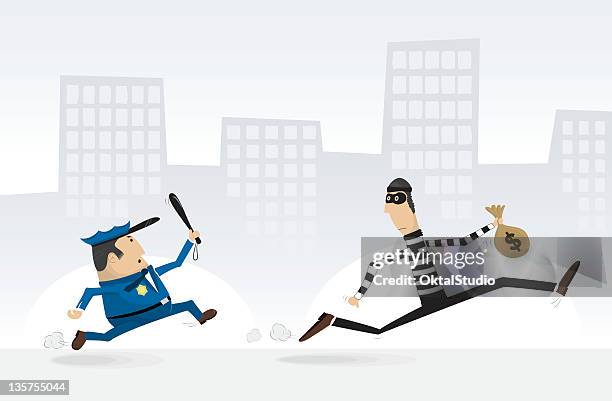 stockillustraties, clipart, cartoons en iconen met vector cartoon of policeman chasing a burglar - gestolen-goederen