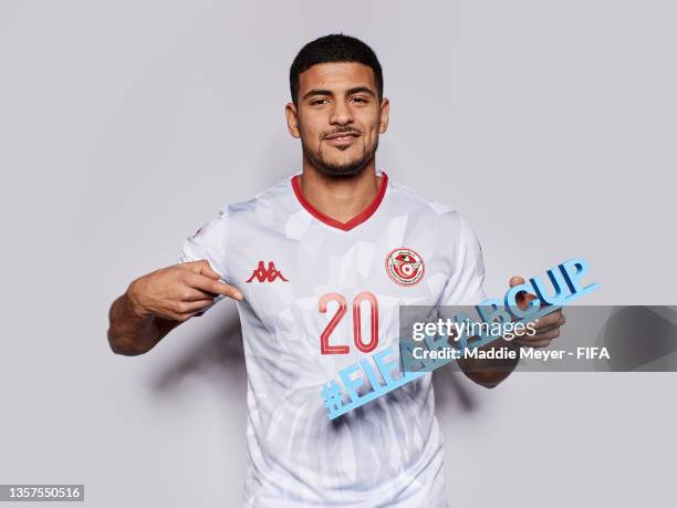 Mohamed Drager of Tunisia poses during the Tunisia team presentation prior to the FIFA Arab Cup Qatar 2021 at Grand Hyatt Doha Hotel on December 05,...