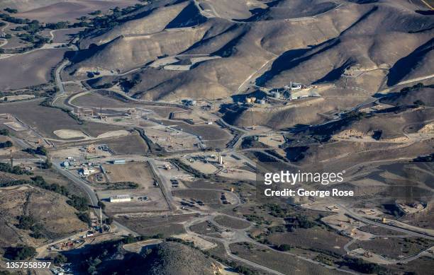 Large scale production facility of oil and gas sprawls across the rolling sand and shale hillsides in this aerial photo taken over Cat Canyon on...