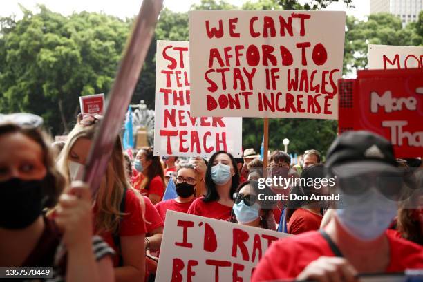 Protesters are seen in Hyde Park on December 07, 2021 in Sydney, Australia. Thousands of teachers across New South Wales are taking part in a 24-hour...
