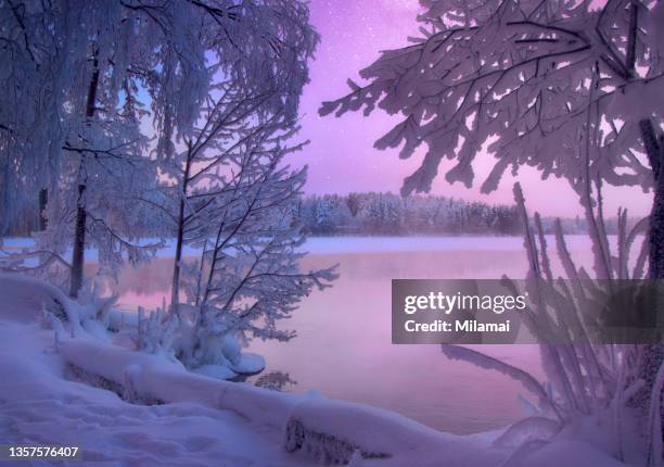 magical snowy lake and stars, finland - finland landscape stock pictures, royalty-free photos & images